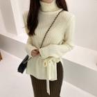 Turtle-neck Self-tie Rib-knit Top Ivory - One Size