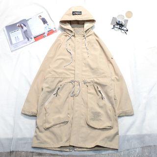 Hooded Zip Lettering Cargo Coat
