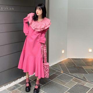 Long-sleeve Ruffle Midi A-line Dress Dress - One Size