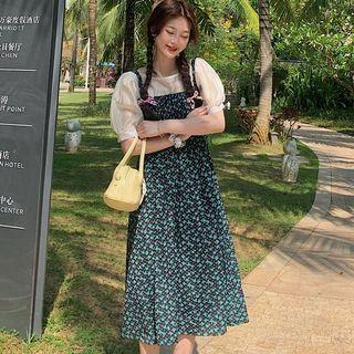 Puff-sleeve Plain Sheer Top / Floral Pinafore Dress