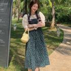 Puff-sleeve Plain Sheer Top / Floral Pinafore Dress