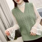 Long-sleeve Lace-trim Mesh Top