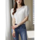 Puff-sleeve Lace-trim Embossed Top
