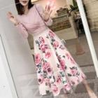 Set: Long-sleeve Tie-waist T-shirt + Floral Print Midi A-line Skirt