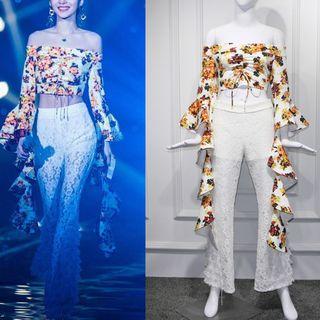 Flower Print Off-shoulder Ruffle Top / Lace Bell Bottom Pants