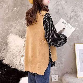 Set: Polka Dot Shirt + V-neck Knit Vest