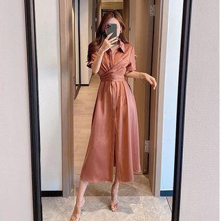 Short-sleeve Button Tie-waist Midi A-line Dress