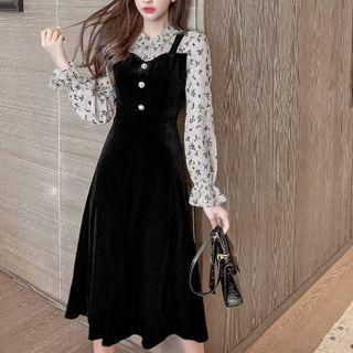 Bell-sleeve Floral Print Panel Midi A-line Dress