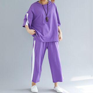 Set: Contrast Trim Elbow Sleeve T-shirt + Straight Cut Pants