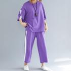 Set: Contrast Trim Elbow Sleeve T-shirt + Straight Cut Pants