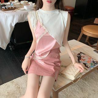 Mock Two-piece Sleeveless Top / Patent Mini A-line Skirt