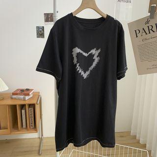 Round-neck Short-sleeve Heart Print T-shirt Black - One Size