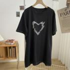 Round-neck Short-sleeve Heart Print T-shirt Black - One Size
