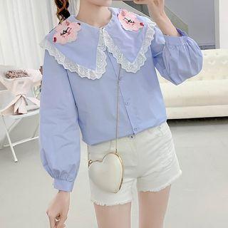 Flower Embroidered Lace Trim Blouse