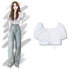 Square-neck Plain Bow Cropped Blouse Shirt - One Size