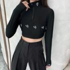 Lettering Embroidered Long-sleeve Cropped Top Black - One Size