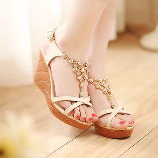 Faux-leather Rhinestone Wedge Sandals