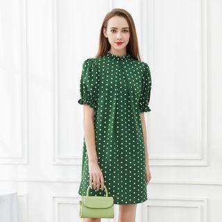 Frill-neck Puff Sleeve Polka Dot A-line Dress