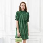 Frill-neck Puff Sleeve Polka Dot A-line Dress