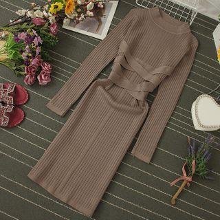 Plain Long-sleeve Midi Sheath Knit Dress
