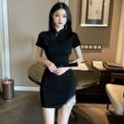 Short-sleeve Rhinestone Fringed Mini Bodycon Qipao Dress