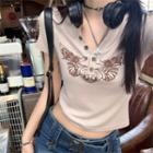 Short-sleeve Print Cropped Top Light Coffee - One Size