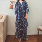 3/4-sleeve Dot Print Maxi Dress Navy Blue - One Size
