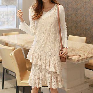 Spaghetti-strap Tiered-hem Lace Dress