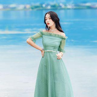 Dotted Frill Trim Off Shoulder Short Sleeve Midi Dress