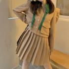 Set : Contrast Trim Long-sleeve Jacket + High-waist Accordion Pleat Mini Skirt