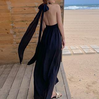 Halter-neck Side-slit Maxi A-line Dress