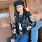 Flower Embroidered Faux Leather Biker Jacket