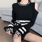 Long-sleeve Off-shoulder Striped Letter Knit Top