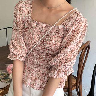 Floral Print Short-sleeve Square Neck Top