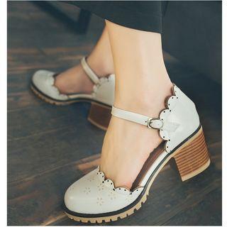 Block Heel Scallop Trim Pumps