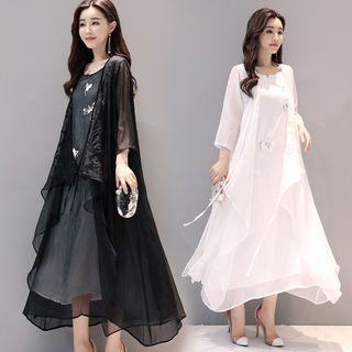 3/4-sleeve Embroidered Thin Long Coat