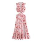 Sleeveless Cut-out Floral Print Maxi A-line Dress