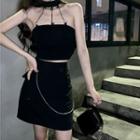 Chain Detail Cropped Halter Top / Mini A-line Skirt