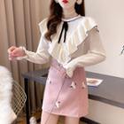 Set Of 2: Bell-sleeve Bow Ruffle-trim Knit Top + High-waist Embroidered Skirt
