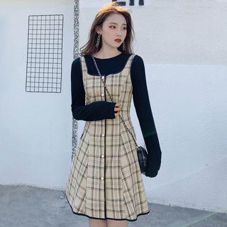 Set: Long-sleeve Knit Top + Plaid Mini A-line Pinafore Dress