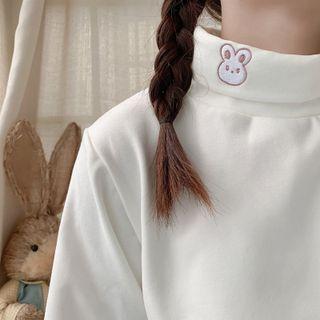 Long-sleeve Mock-neck Rabbit Embroidered Top