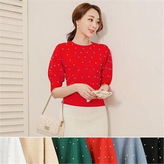Elbow-sleeve Faux-pearl Trim Knit Top