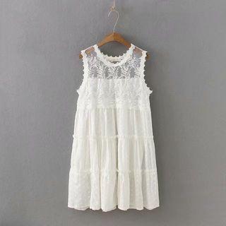 Sleeveless Lace Panel Midi A-line Dress White - One Size