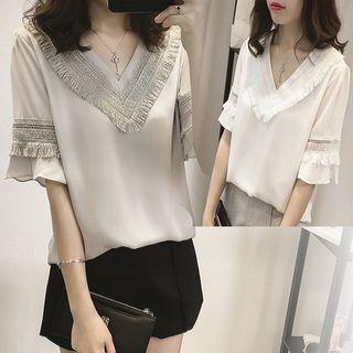 Fringed V-neck Elbow-sleeve Top