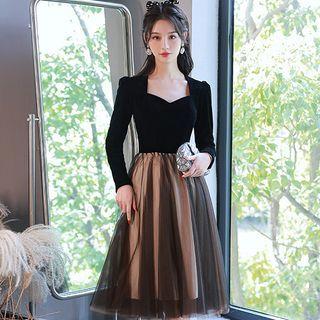 Long-sleeve Mesh Midi Cocktail Dress
