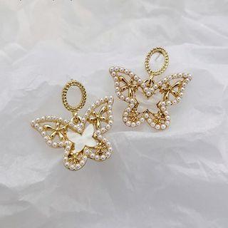 Butterfly Dangle Earring 1 Pair - Earring - Butterfly - White & Gold - One Size
