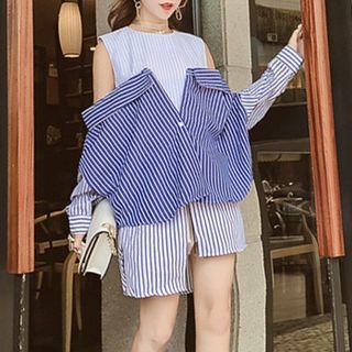 Mock Two-piece Open Shoulder Long-sleeve Blouse