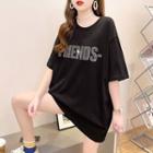Elbow-sleeve Sequin Lettering Oversized T-shirt