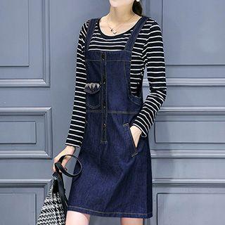Set : Stripe Long-sleeve T-shirt + Denim Pinafore