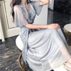 Elbow-sleeve V-neck Mesh Midi A-line Dress